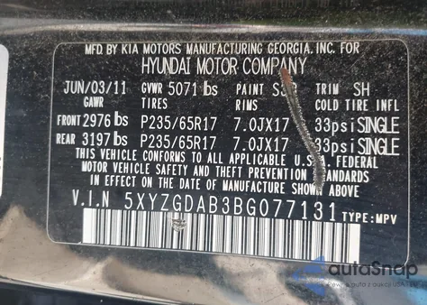 2011 Hyundai Santa Fe Gls from USA, damaged, VIN 5XYZGDAB3BG077131